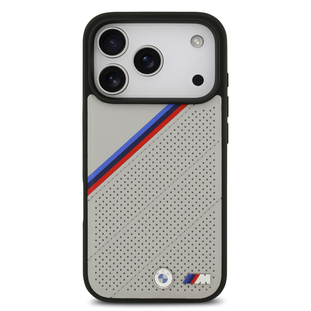 BMW BMW iPhone 17 Pro Back cover coque - Beige - MagSafe - PU Leather Case With Tricolor Slanted Stripes & Metal Logos BMW BMW iPhone 17 Pro Back cover coque - Beige - MagSafe - PU Leather Case With Tricolor Slanted Stripes & Metal Logos