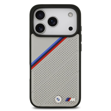 BMW BMW iPhone 17 Pro Back-Cover hul - MagSafe - PU Leather Case With Tricolor Slanted Stripes & Metal Logos - Beige