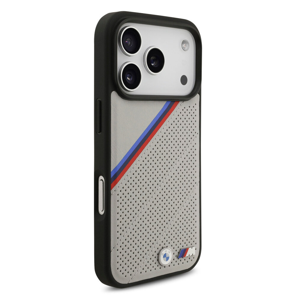BMW BMW iPhone 17 Pro Back cover coque - Beige - MagSafe - PU Leather Case With Tricolor Slanted Stripes & Metal Logos BMW BMW iPhone 17 Pro Back cover coque - Beige - MagSafe - PU Leather Case With Tricolor Slanted Stripes & Metal Logos