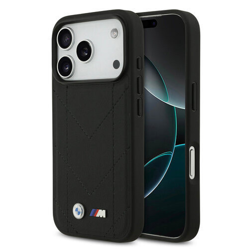 BMW BMW iPhone 17 Pro/iPhone 18 Pro Coque arrière MagSafe Cuir matelassé logo métallique - Noir