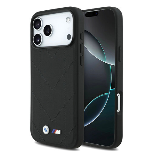 BMW BMW iPhone 17 Pro Max/iPhone 18 Pro Max Coque arrière MagSafe Cuir matelassé logo métallique - Noir