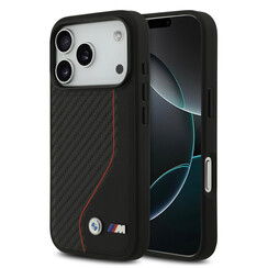 BMW iPhone 17 Pro/iPhone 18 Pro Coque arrière MagSafe carbone surpiqûre rouge - Noir