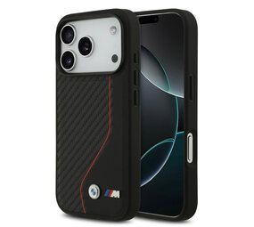 BMW BMW iPhone 17 Pro Backcover hoesje - MagSafe Carbon Case With Red Line Stitch - Zwart BMW BMW iPhone 17 Pro Backcover hoesje - MagSafe Carbon Case With Red Line Stitch - Zwart