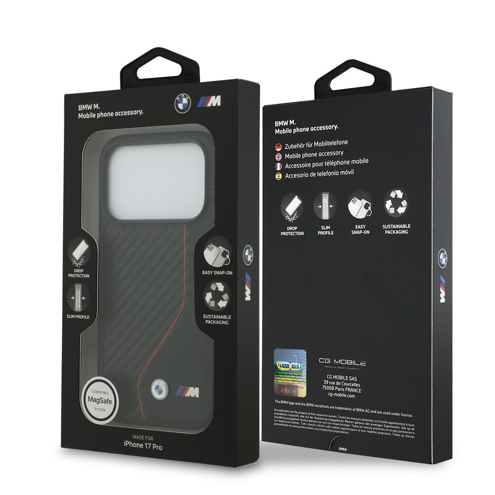 BMW BMW iPhone 17 Pro Backcover hoesje - MagSafe Carbon Case With Red Line Stitch - Zwart BMW BMW iPhone 17 Pro Backcover hoesje - MagSafe Carbon Case With Red Line Stitch - Zwart