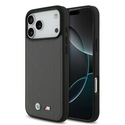 BMW iPhone 17 Pro Max Backcover hoesje - MagSafe - Quilted Leather Case With Metal Logo - Grijs
