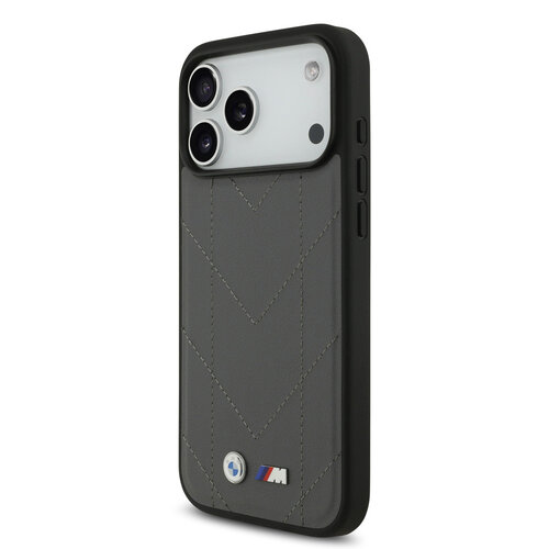 BMW BMW iPhone 17 Pro Max/iPhone 18 Pro Max Coque arrière MagSafe Cuir matelassé logo métallique - Gris