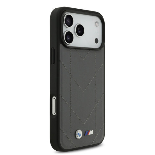 BMW BMW iPhone 17 Pro Max/iPhone 18 Pro Max Coque arrière MagSafe Cuir matelassé logo métallique - Gris