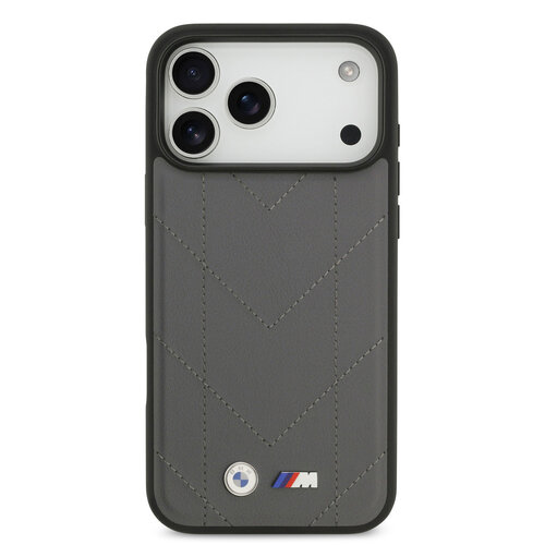BMW BMW iPhone 17 Pro Max/iPhone 18 Pro Max Coque arrière MagSafe Cuir matelassé logo métallique - Gris