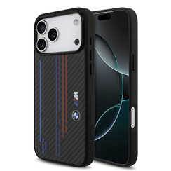 BMW iPhone 17 Pro Max/iPhone 18 Pro Max Coque arrière MagSafe Kevlar imprimé tricolore logos métalliques - Noir