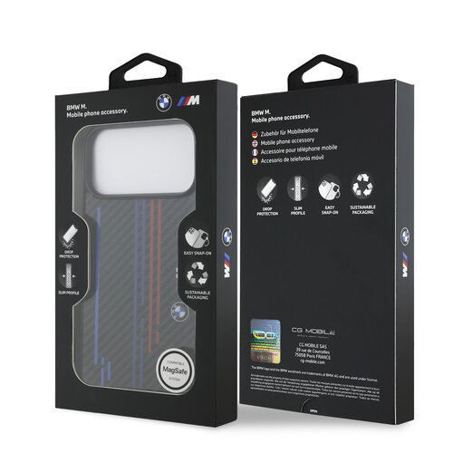 BMW BMW iPhone 17 Pro Max/iPhone 18 Pro Max Coque arrière MagSafe Kevlar imprimé tricolore logos métalliques - Noir