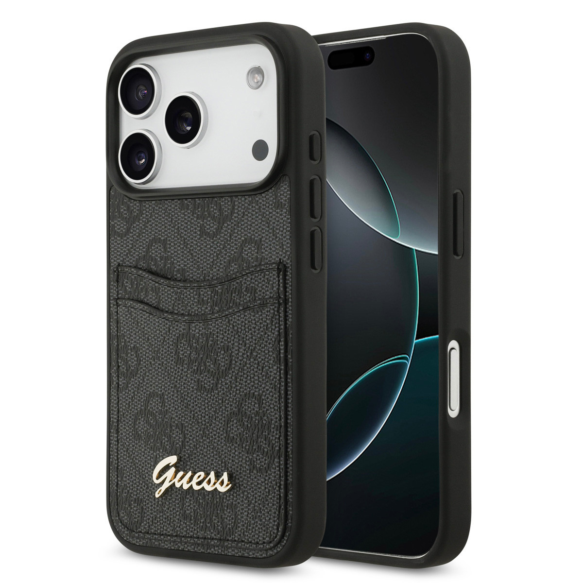Guess Guess iPhone 17 Pro Backcover hoesje - With Cardslot - Script Metal Logo - Zwart