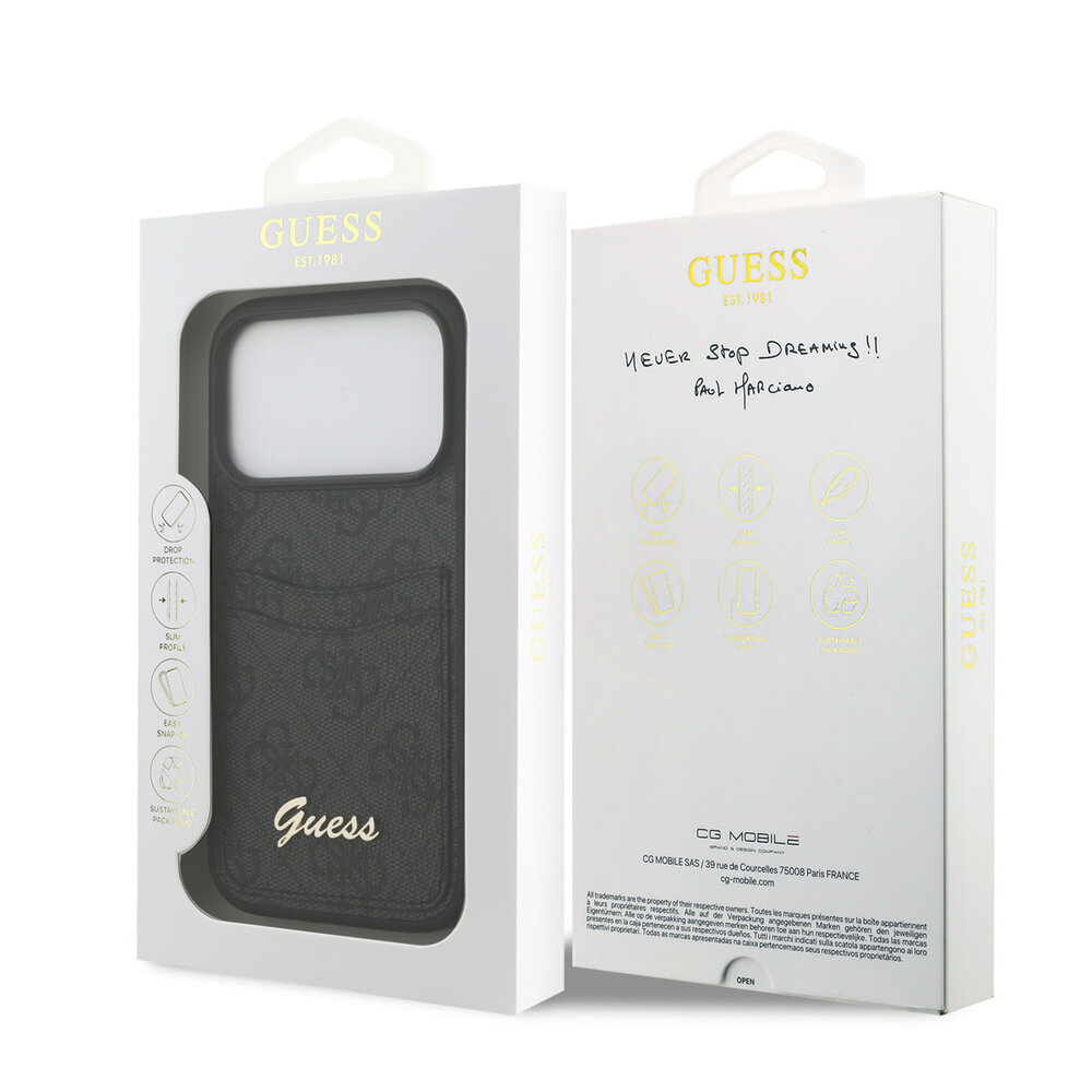 Guess Guess iPhone 17 Pro Back cover coque - Noir - With Cardslot - Script Metal Logo