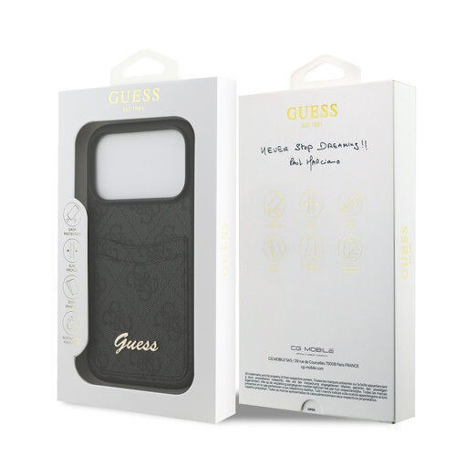 Guess Guess iPhone 17 Pro/iPhone 18 Pro Coque arrière Compartiment pour carte Logo manuscrit métallique - Noir