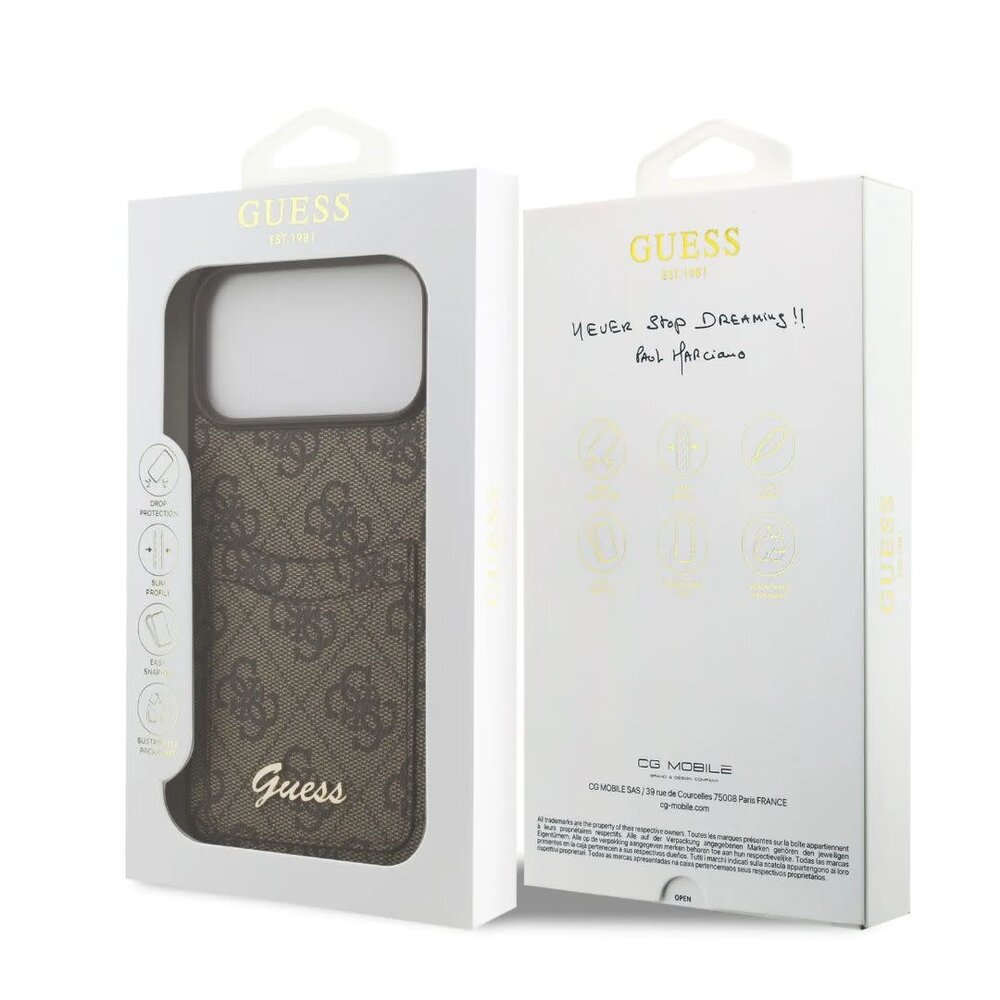 Guess Guess iPhone 17 Pro Back cover coque - Marron - With Cardslot - Script Metal Logo