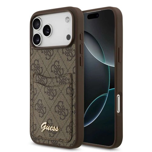 Guess Guess iPhone 17 Pro/iPhone 18 Pro Handyhülle Kartenfach Schriftzug aus Metall - Braun
