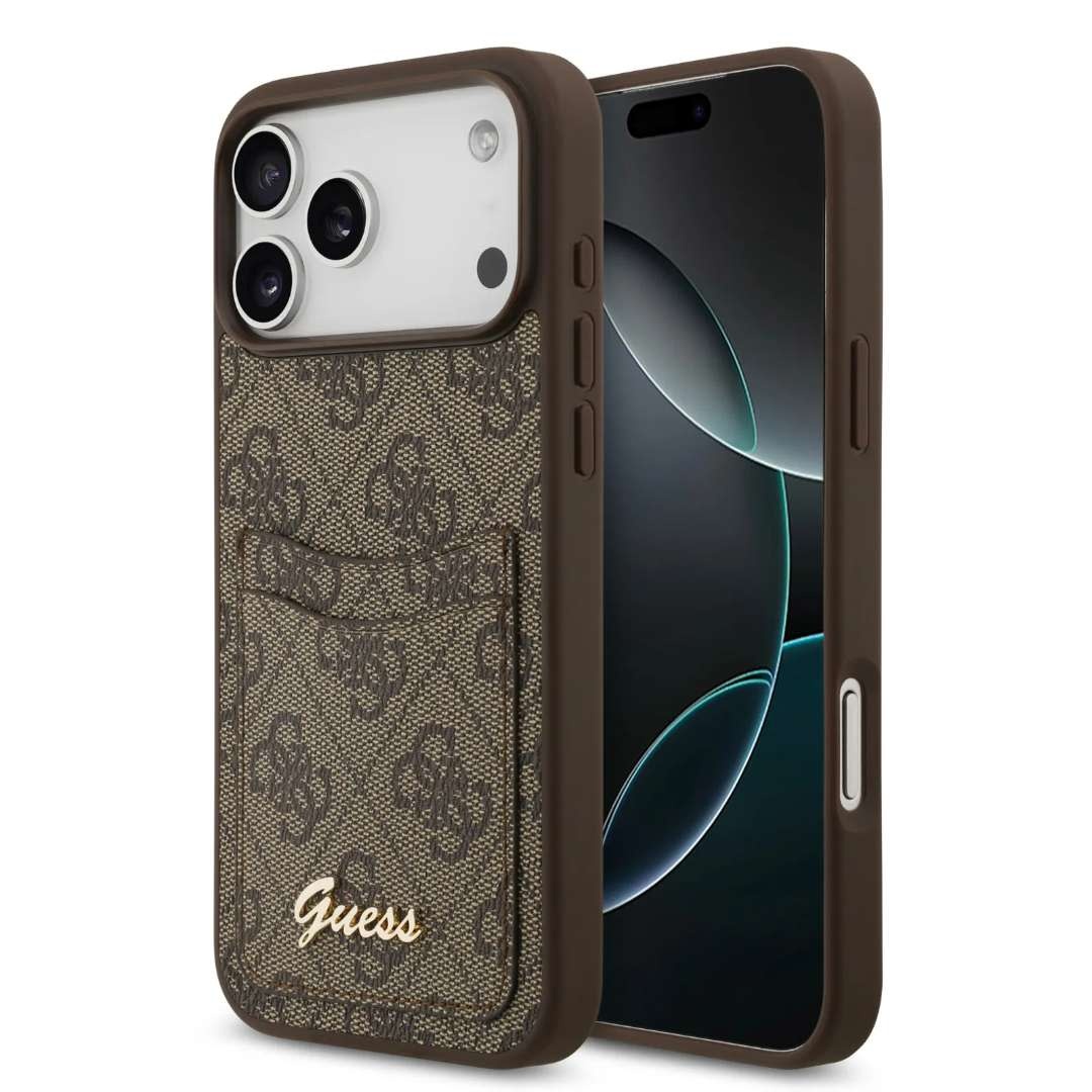 Guess Guess iPhone 17 Pro Backcover hoesje - With Cardslot - Script Metal Logo - Bruin