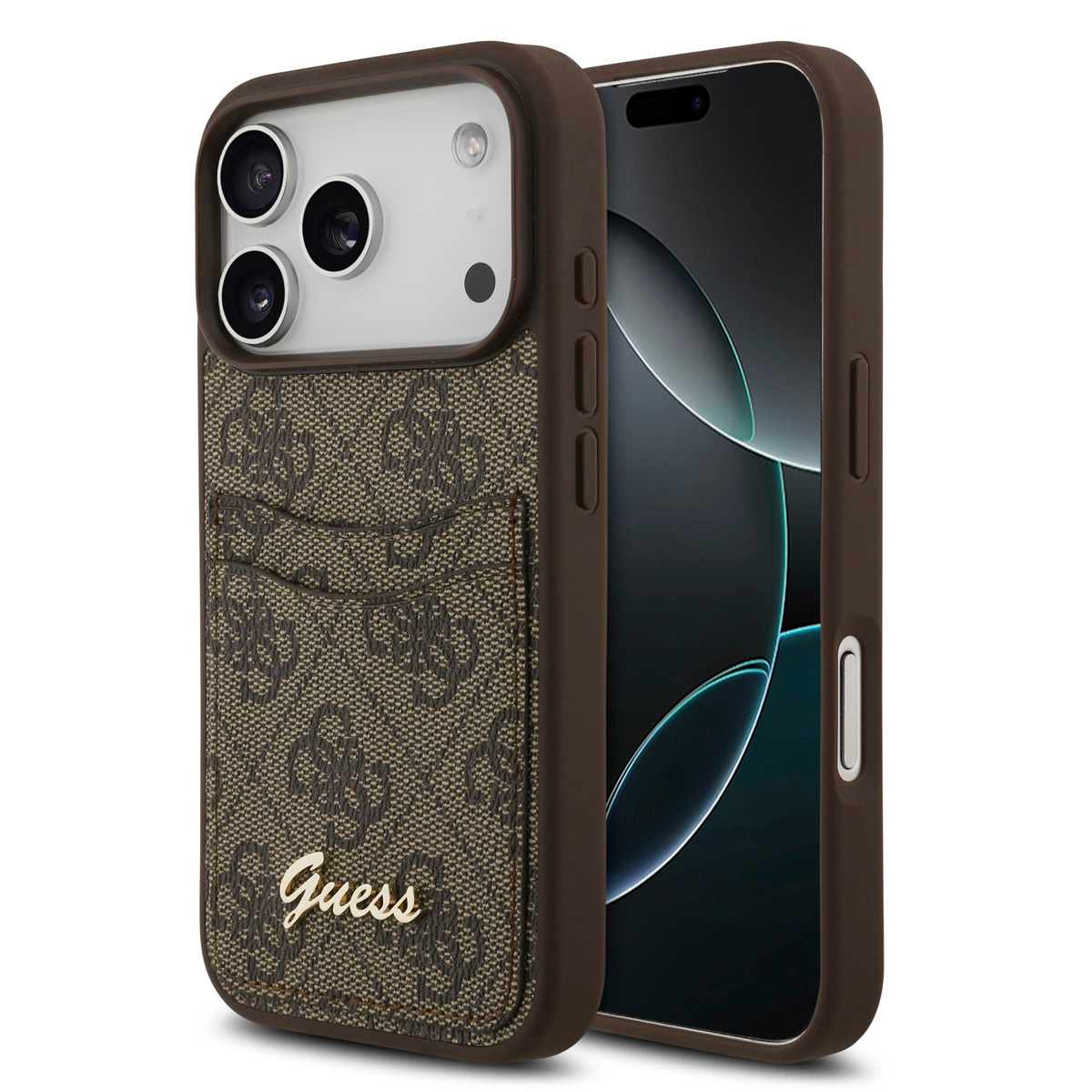 Guess Guess iPhone 17 Pro Max Backcover hoesje - With Cardslot - Script Metal Logo - Bruin