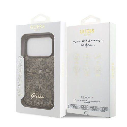 Guess Guess iPhone 17 Pro Max/iPhone 18 Pro Max Handyhülle Kartenfach Schriftzug aus Metall - Braun
