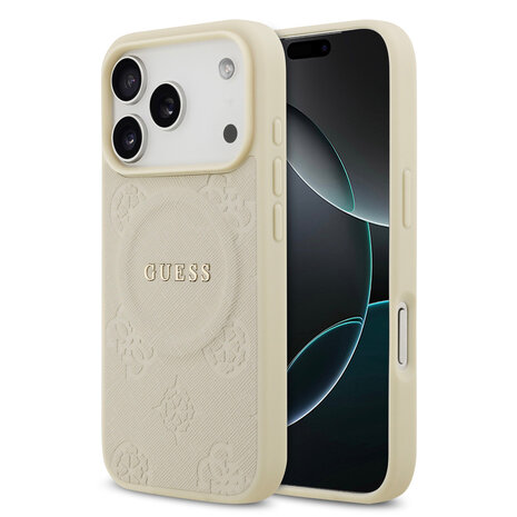 Guess Guess iPhone 17 Pro Back cover case - Magsafe PU Leather - Peony Hot Stamp - Beige