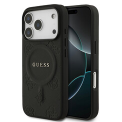 Guess iPhone 17 Pro/iPhone 18 Pro Coque arrière MagSafe similicuir PU Motif pivoine estampé à chaud - Noir