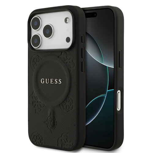 Guess Guess iPhone 17 Pro/iPhone 18 Pro Coque arrière MagSafe similicuir PU Motif pivoine estampé à chaud - Noir