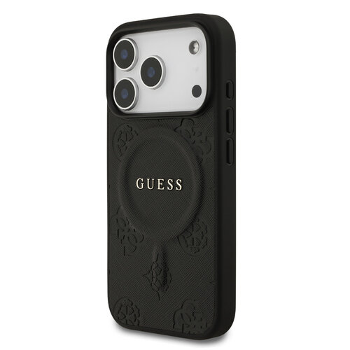 Guess Guess iPhone 17 Pro/iPhone 18 Pro Coque arrière MagSafe similicuir PU Motif pivoine estampé à chaud - Noir