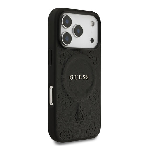 Guess Guess iPhone 17 Pro/iPhone 18 Pro Coque arrière MagSafe similicuir PU Motif pivoine estampé à chaud - Noir