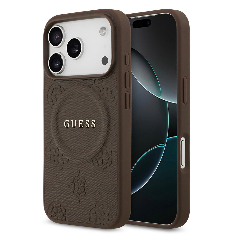 Guess Guess iPhone 17 Pro Back-Cover hul - Magsafe PU Leather - Peony Hot Stamp - Braun Guess Guess iPhone 17 Pro Back-Cover hul - Magsafe PU Leather - Peony Hot Stamp - Braun