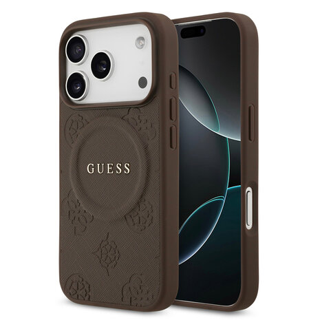 Guess Guess iPhone 17 Pro Back-Cover hul - Magsafe PU Leather - Peony Hot Stamp - Braun Guess Guess iPhone 17 Pro Back-Cover hul - Magsafe PU Leather - Peony Hot Stamp - Braun