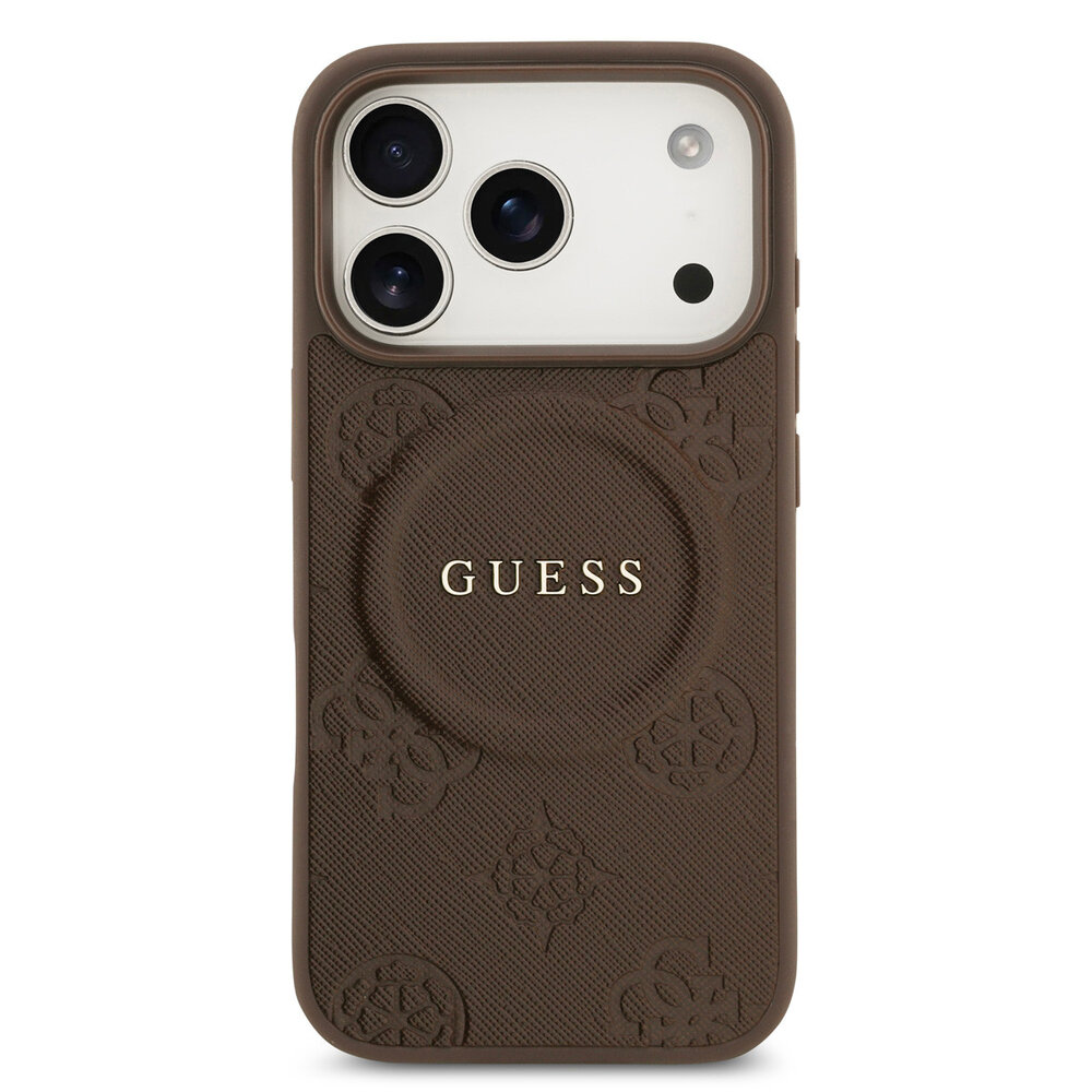 Guess Guess iPhone 17 Pro Back cover coque - Marron - Magsafe PU Leather - Peony Hot Stamp Guess Guess iPhone 17 Pro Back cover coque - Marron - Magsafe PU Leather - Peony Hot Stamp
