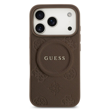 Guess Guess iPhone 17 Pro Back-Cover hul - Magsafe PU Leather - Peony Hot Stamp - Braun Guess Guess iPhone 17 Pro Back-Cover hul - Magsafe PU Leather - Peony Hot Stamp - Braun