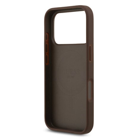 Guess Guess iPhone 17 Pro Back-Cover hul - Magsafe PU Leather - Peony Hot Stamp - Braun Guess Guess iPhone 17 Pro Back-Cover hul - Magsafe PU Leather - Peony Hot Stamp - Braun