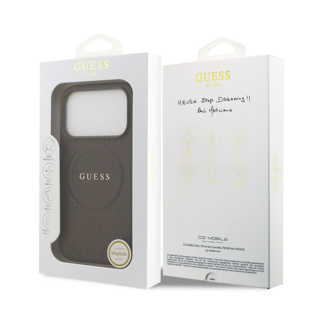 Guess Guess iPhone 17 Pro Backcover hoesje - Magsafe PU Leather - Peony Hot Stamp - Bruin