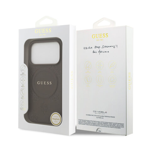 Guess Guess iPhone 17 Pro Back cover coque - Marron - Magsafe PU Leather - Peony Hot Stamp Guess Guess iPhone 17 Pro Back cover coque - Marron - Magsafe PU Leather - Peony Hot Stamp