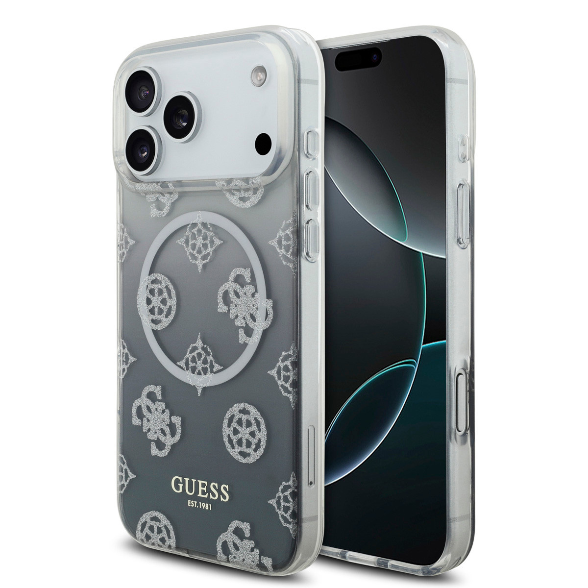 Guess Guess iPhone 17 Pro Max Backcover hoesje - MagSafe - Gradient Peony & Glitter Pattern - Zwart