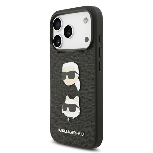 Karl Lagerfeld Karl Lagerfeld iPhone 17 Pro/iPhone 18 Pro Coque arrière Cuir Saffiano Pins représentant les têtes de Karl & Choupette - Noir