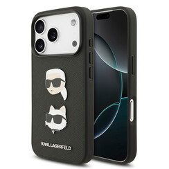 Karl Lagerfeld iPhone 17 Pro/iPhone 18 Pro Coque arrière Cuir Saffiano Pins représentant les têtes de Karl & Choupette - Noir