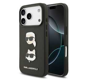 Karl Lagerfeld Karl Lagerfeld iPhone 17 Pro Backcover hoesje - Saffiano Leather - K&C Head Pins - Zwart Karl Lagerfeld Karl Lagerfeld iPhone 17 Pro Backcover hoesje - Saffiano Leather - K&C Head Pins - Zwart