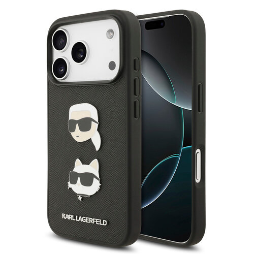 Karl Lagerfeld Karl Lagerfeld iPhone 17 Pro/iPhone 18 Pro Coque arrière Cuir Saffiano Pins représentant les têtes de Karl & Choupette - Noir