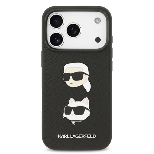 Karl Lagerfeld Karl Lagerfeld iPhone 17 Pro/iPhone 18 Pro Coque arrière Cuir Saffiano Pins représentant les têtes de Karl & Choupette - Noir