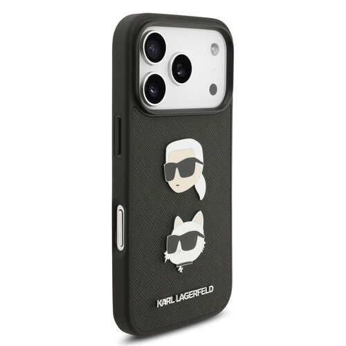 Karl Lagerfeld Karl Lagerfeld iPhone 17 Pro/iPhone 18 Pro Coque arrière Cuir Saffiano Pins représentant les têtes de Karl & Choupette - Noir