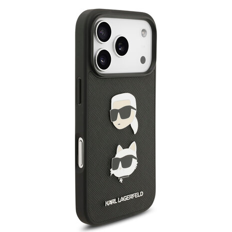 Karl Lagerfeld Karl Lagerfeld iPhone 17 Pro Backcover hoesje - Saffiano Leather - K&C Head Pins - Zwart Karl Lagerfeld Karl Lagerfeld iPhone 17 Pro Backcover hoesje - Saffiano Leather - K&C Head Pins - Zwart