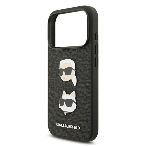 Karl Lagerfeld Karl Lagerfeld iPhone 17 Pro/iPhone 18 Pro Coque arrière Cuir Saffiano Pins représentant les têtes de Karl & Choupette - Noir