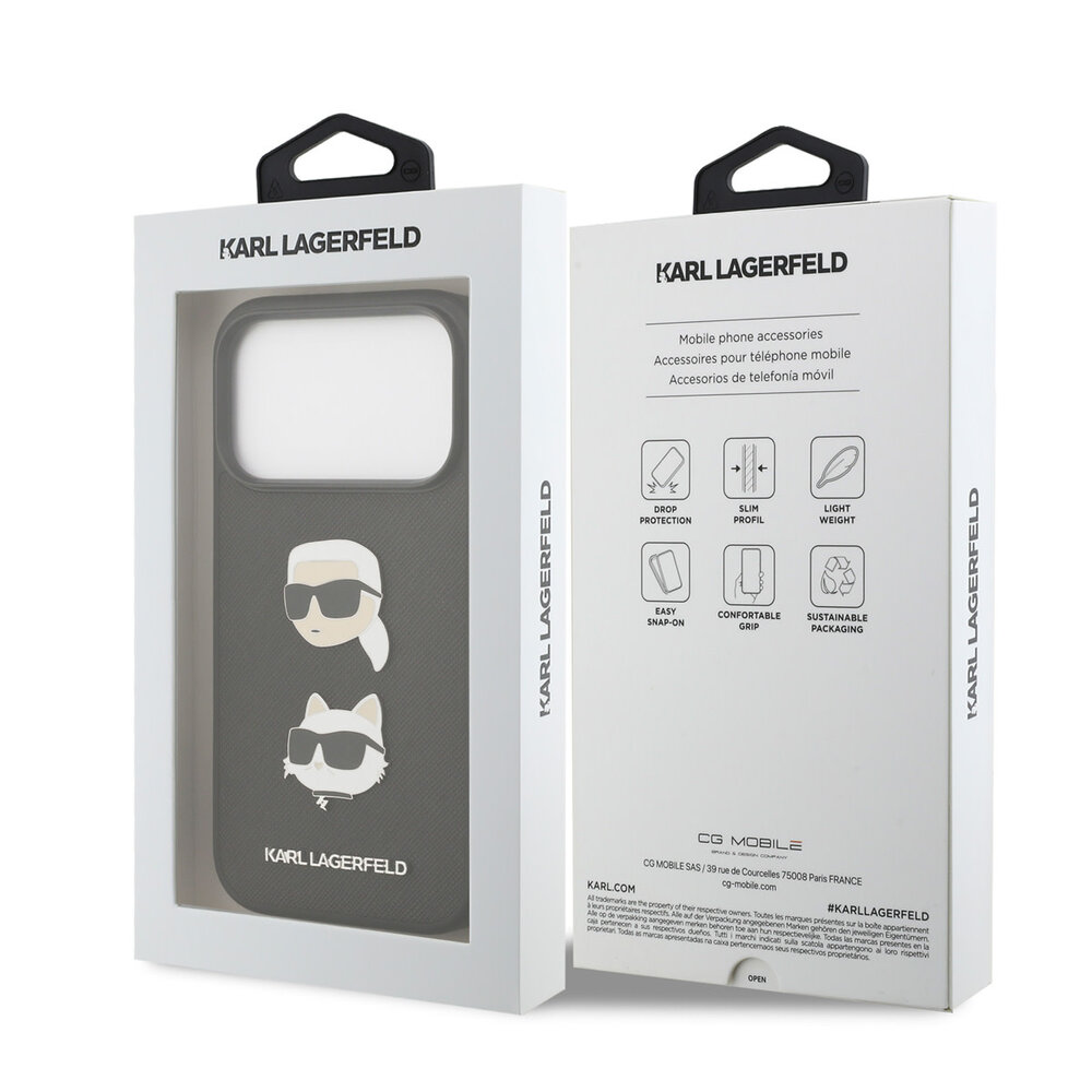 Karl Lagerfeld Karl Lagerfeld iPhone 17 Pro Back-Cover hul - Saffiano Leather - K&C Head Pins - Schwarz Karl Lagerfeld Karl Lagerfeld iPhone 17 Pro Back-Cover hul - Saffiano Leather - K&C Head Pins - Schwarz