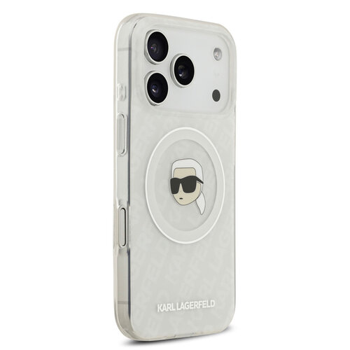 Karl Lagerfeld Karl Lagerfeld iPhone 17 Pro/iPhone 18 Pro Coque arrière MagSafe IML Paillettes motif KL répété et tête de Karl - Transparent