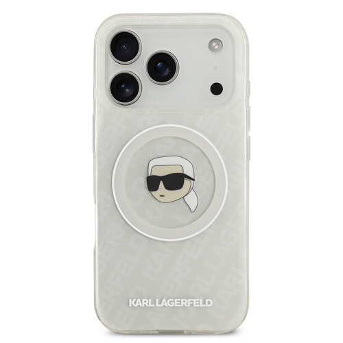 Karl Lagerfeld Karl Lagerfeld iPhone 17 Pro/iPhone 18 Pro Coque arrière MagSafe IML Paillettes motif KL répété et tête de Karl - Transparent