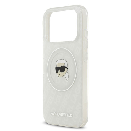Karl Lagerfeld Karl Lagerfeld iPhone 17 Pro/iPhone 18 Pro Coque arrière MagSafe IML Paillettes motif KL répété et tête de Karl - Transparent