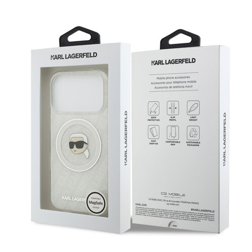 Karl Lagerfeld Karl Lagerfeld iPhone 17 Pro/iPhone 18 Pro Coque arrière MagSafe IML Paillettes motif KL répété et tête de Karl - Transparent