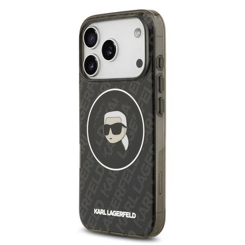 Karl Lagerfeld Karl Lagerfeld iPhone 17 Pro/iPhone 18 Pro Coque arrière MagSafe IML Motif KL répété et tête de Karl - Noir