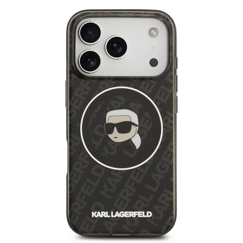 Karl Lagerfeld Karl Lagerfeld iPhone 17 Pro/iPhone 18 Pro Coque arrière MagSafe IML Motif KL répété et tête de Karl - Noir